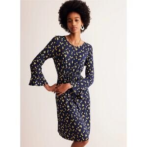 Boden Blue Floral Jersey Knit Dress Size 8 Flute Sleeve Midi Workwear Boho Dress